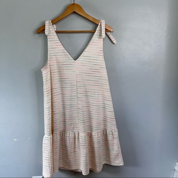 LOFT Bow Strap Button Front Linen Stripes Flounce Dress Ivory Multi-Color Medium - Picture 13 of 14